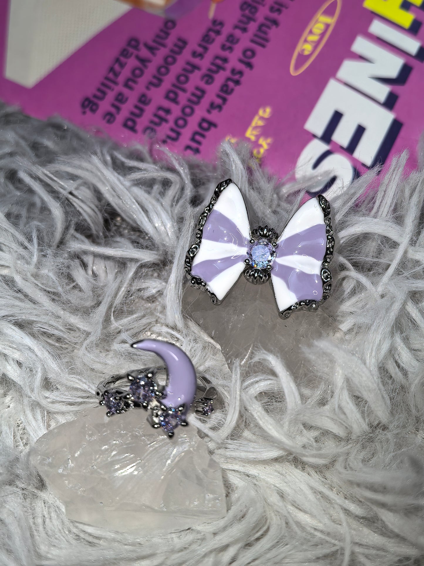 Butterfly & Moon Ring Set detail view 2, dark finish gothic dark aesthetic