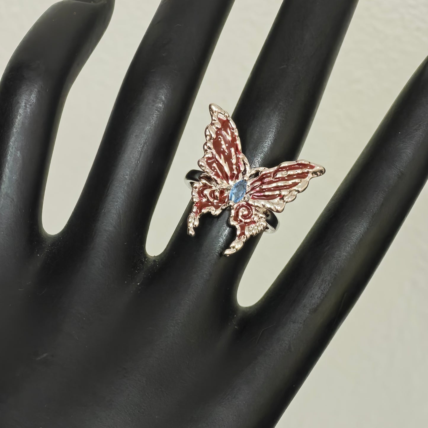 Red enamel silver butterfly ring full view
