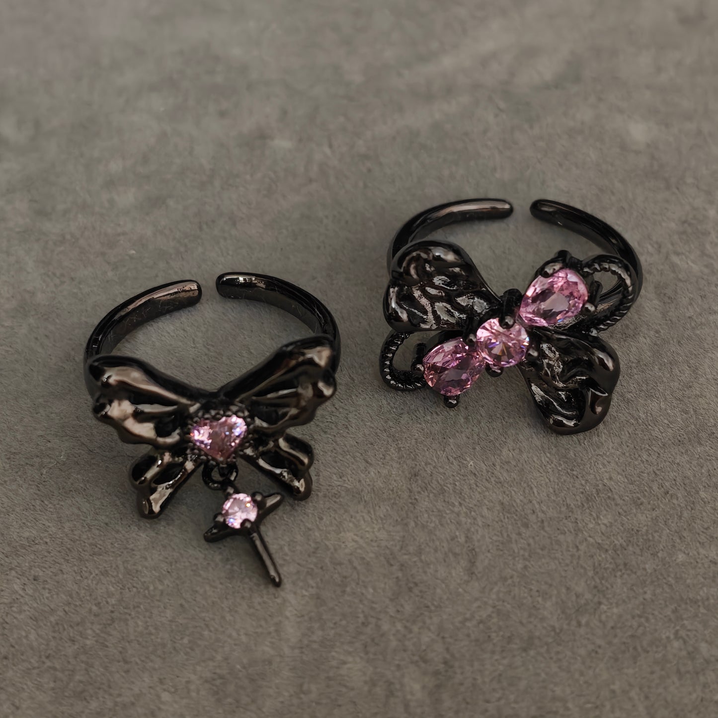 Pink Flutter Duo Adjustable Butterfly Heart & Crystal Stacking Rings detail view 14, pink finish alternative dark aesthetic
