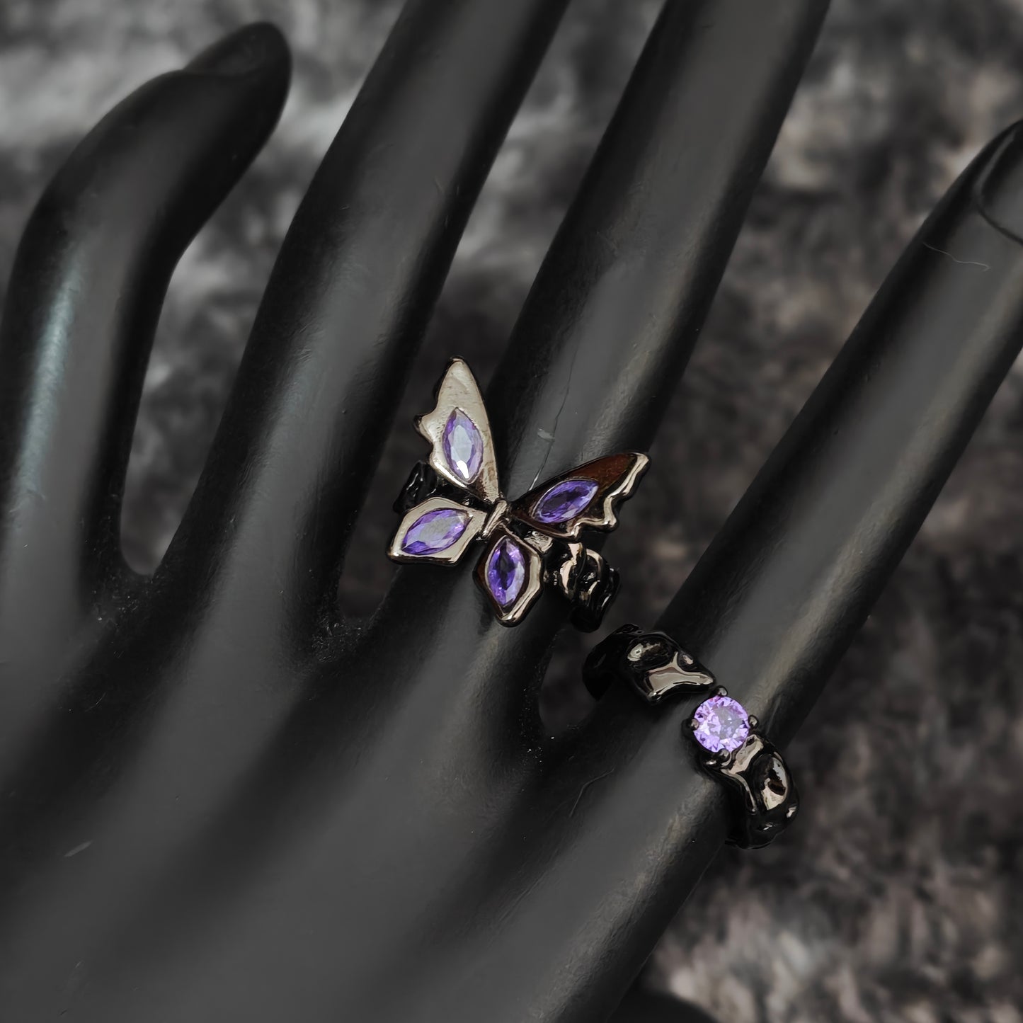 Gothic Purple Butterfly Adjustable Ring detail view 7, dark purple finish gothic dark aesthetic