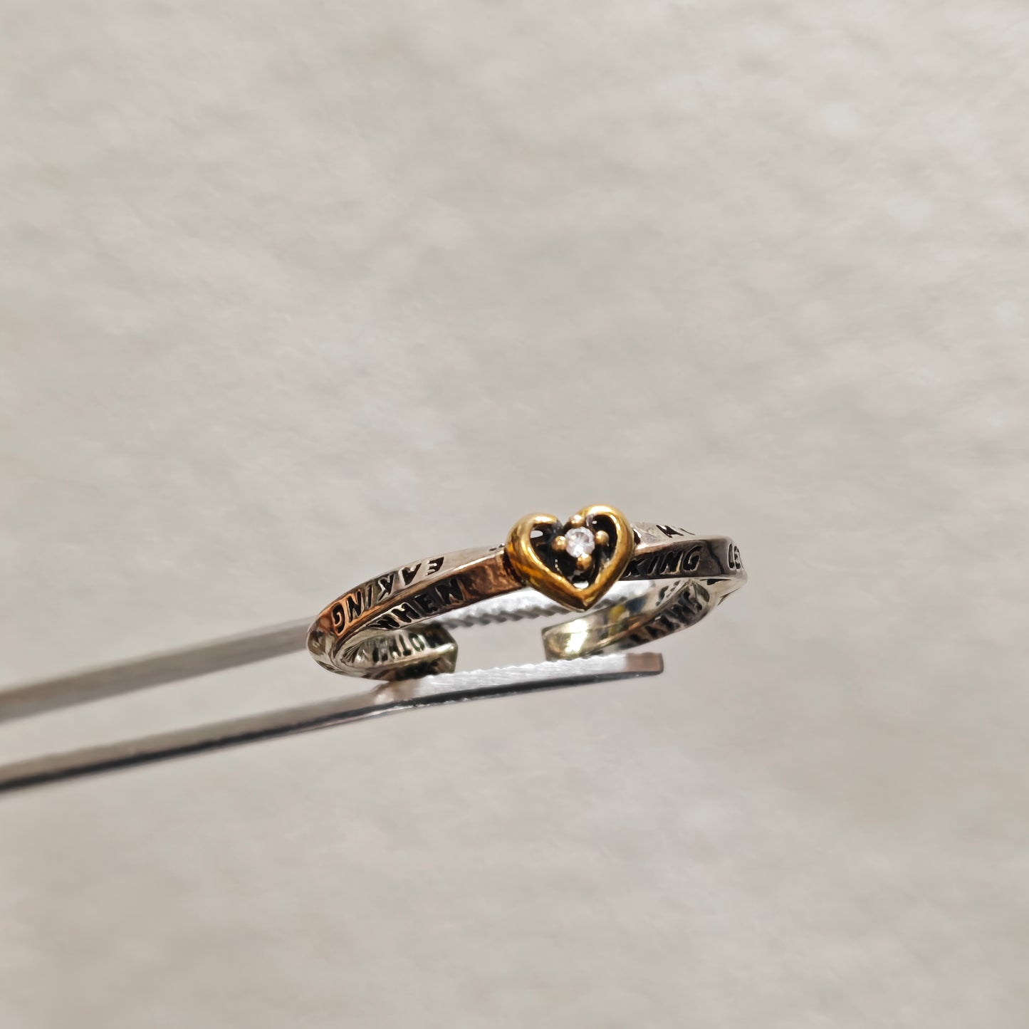 silver engraved ring gold heart accent