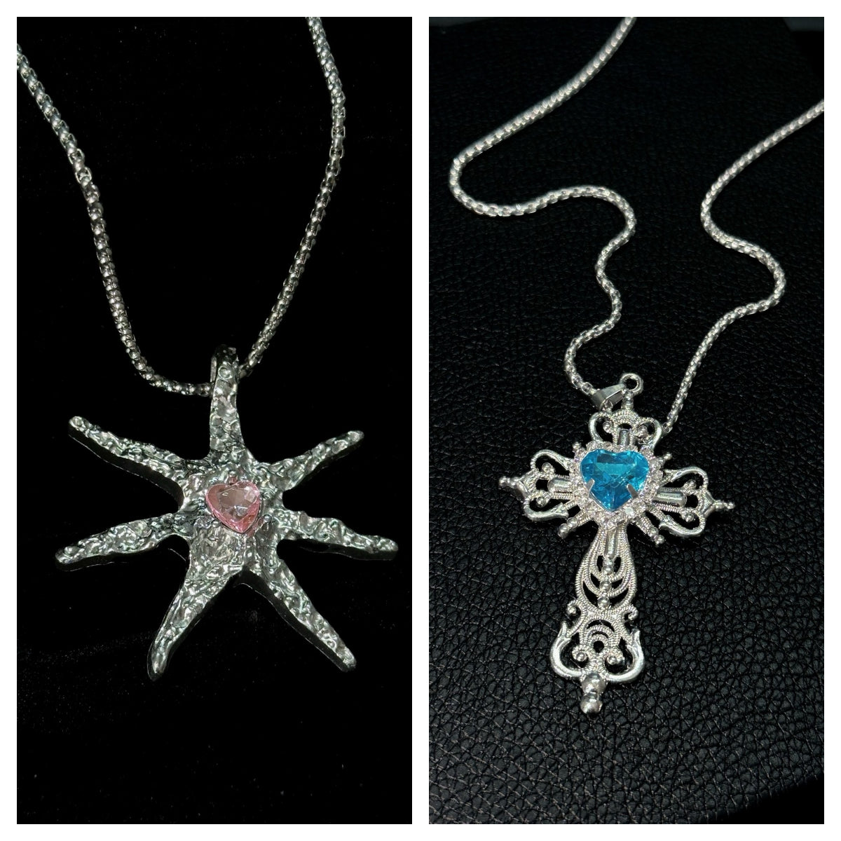 Spiked Starfish & Filigree Cross Heart Necklace Set on mannequin bust, front view close-up