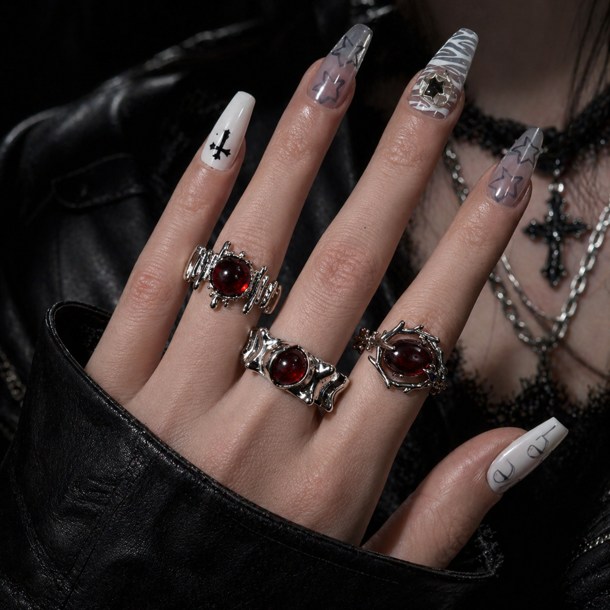 Red Cabochon Dark Silver Ring Set worn on finger, dark moody background – Aslop Treasure