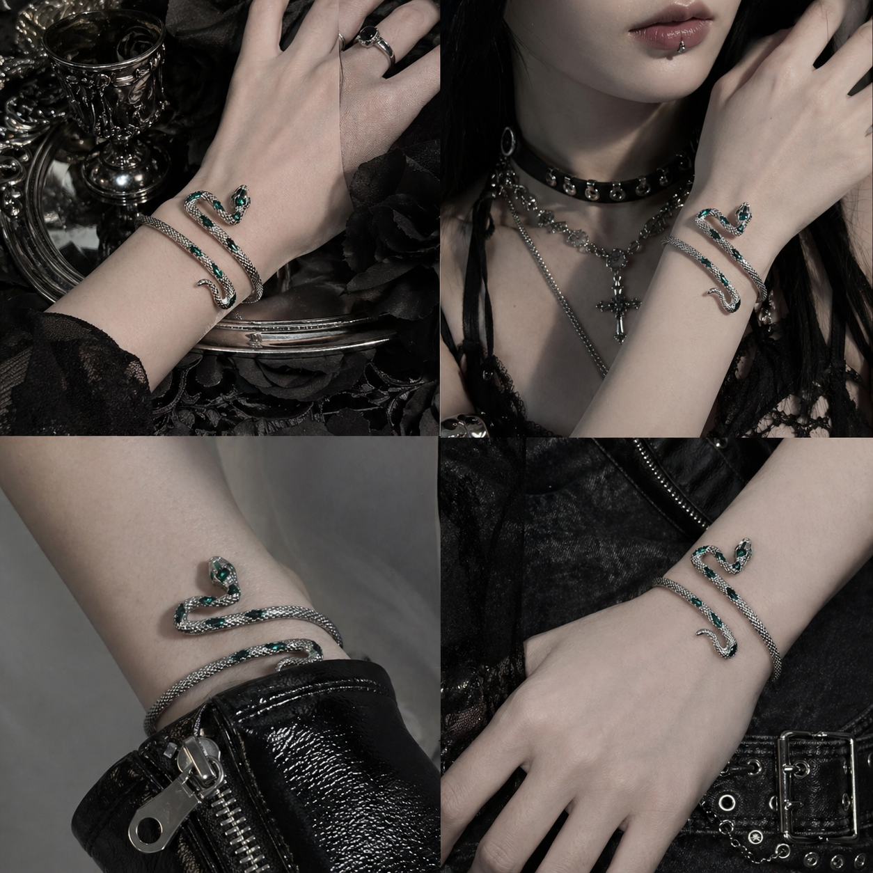 Green Snake Ring & Band Bracelet Set worn on wrist, dark moody background – Aslop Treasure