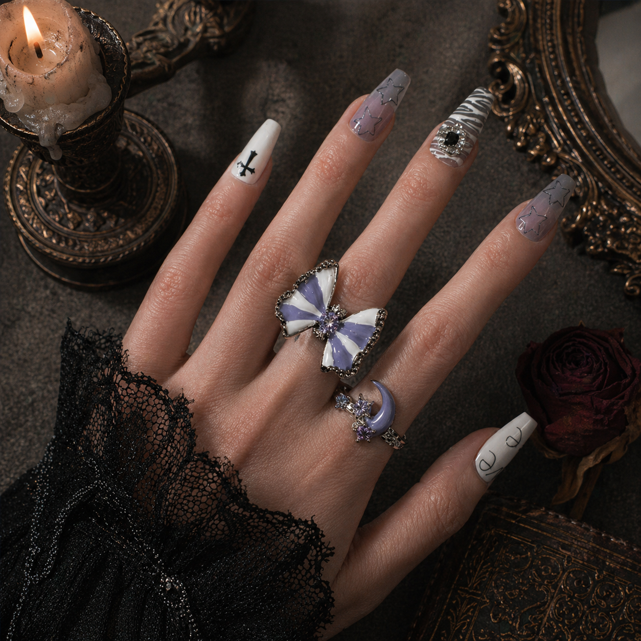 Butterfly & Moon Ring Set worn on finger, dark moody background – Aslop Treasure