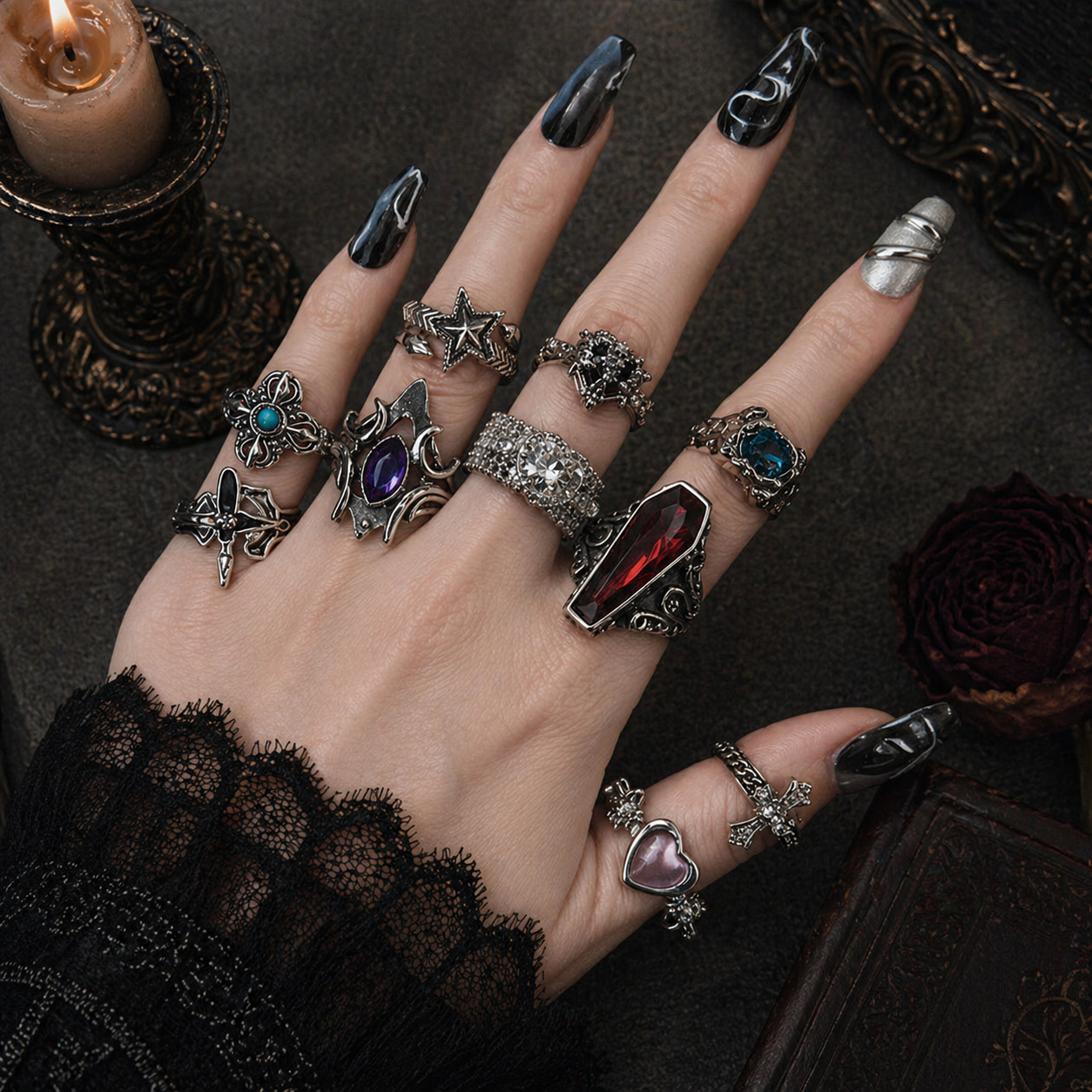 Gothic Romance Aesthetic Ring Collection worn on finger, dark moody background – Aslop Treasure