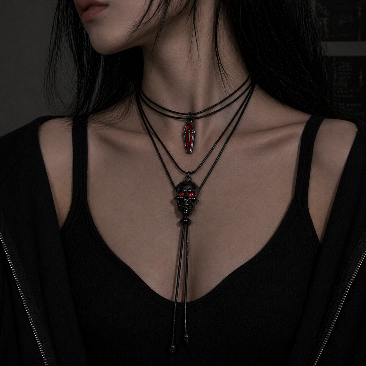 Gothic Red-Eyed Skull & Coffin Pendant Necklace - Dark Aesthetic Grunge Jewelry worn around neck, dark moody background – Aslop Treasure