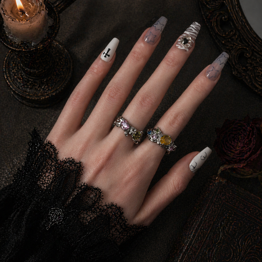 Colorful Zircon Claw Ring worn on finger, dark moody background – Aslop Treasure