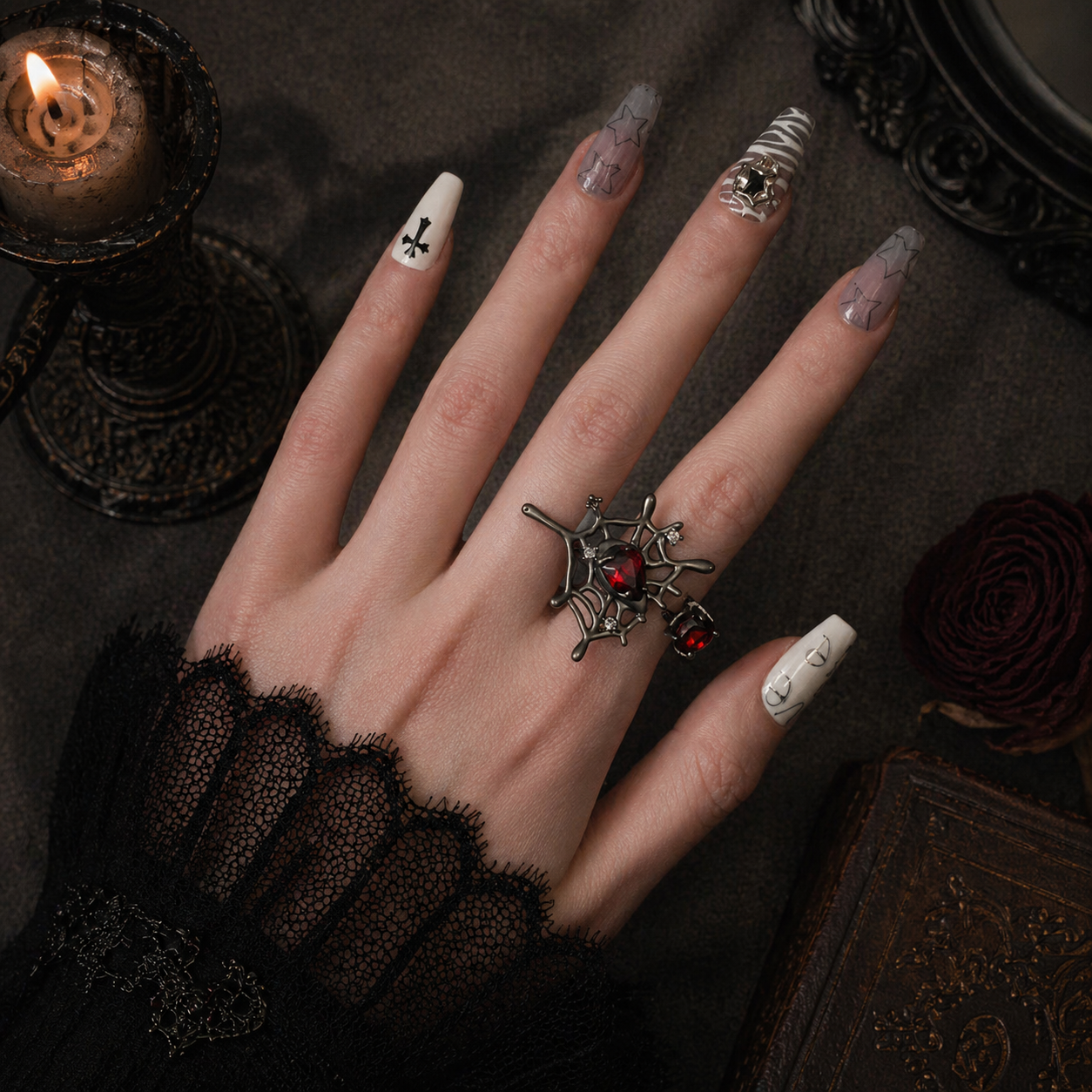 Spider Web Ring worn on finger, dark moody background – Aslop Treasure