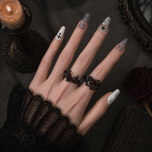 Gothic Dark Ring Set worn on finger, dark moody background – Aslop Treasure