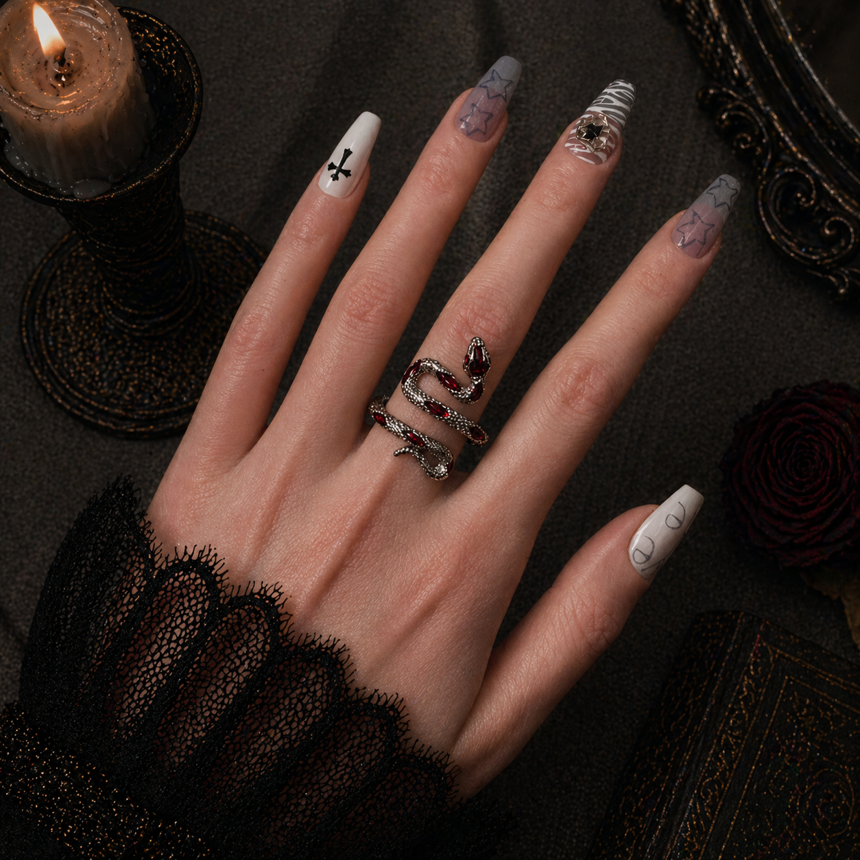 Coiled Snake Ring side view detail, gothic dark aesthetic