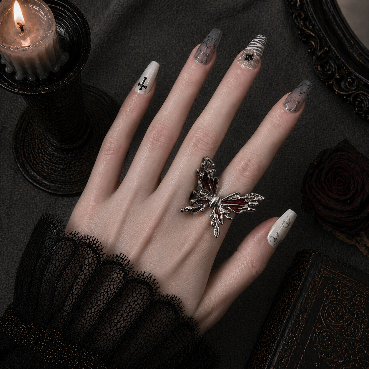 Red Enamel Butterfly Ring worn on finger, dark moody background – Aslop Treasure