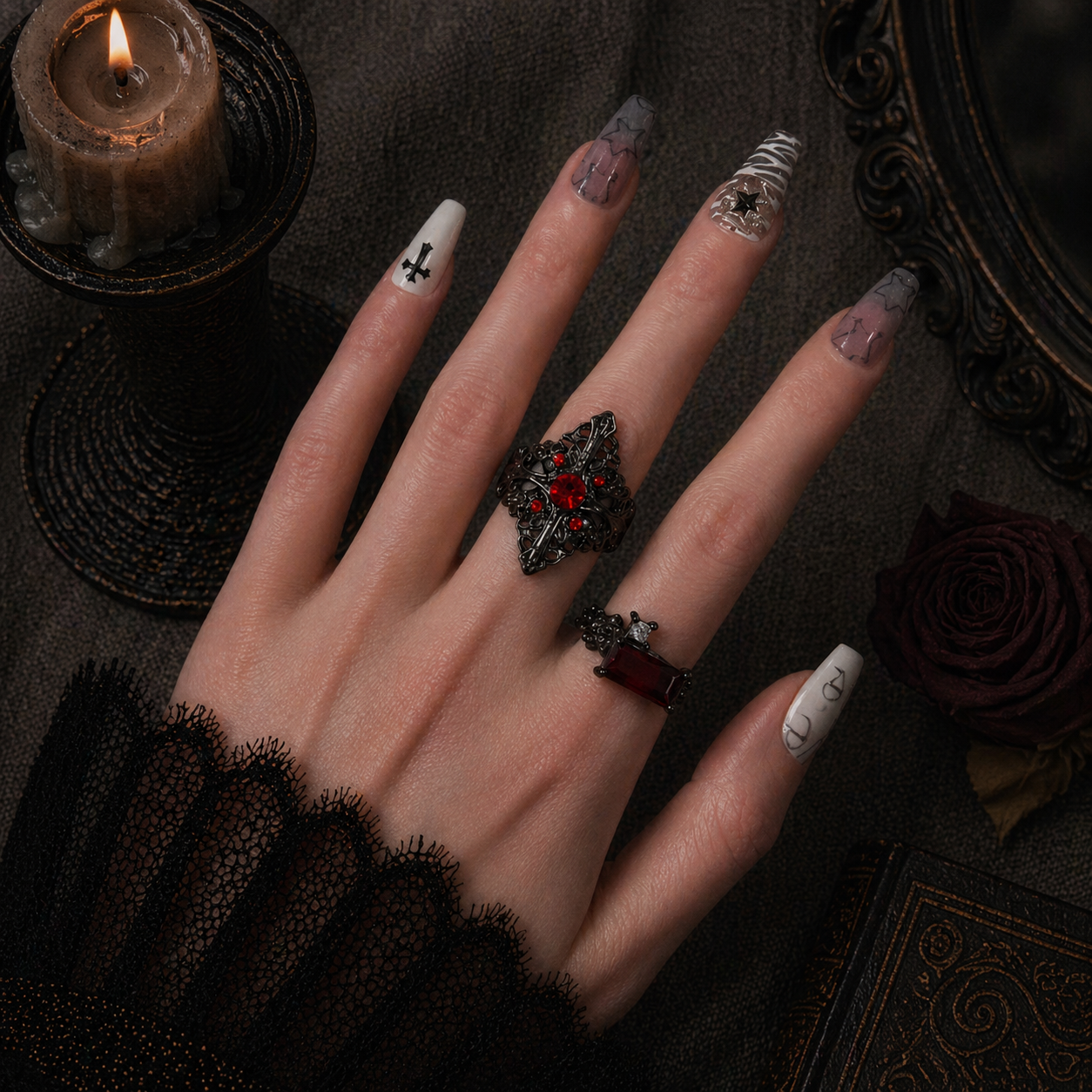 Gothic Red Ring worn on finger, dark moody background – Aslop Treasure