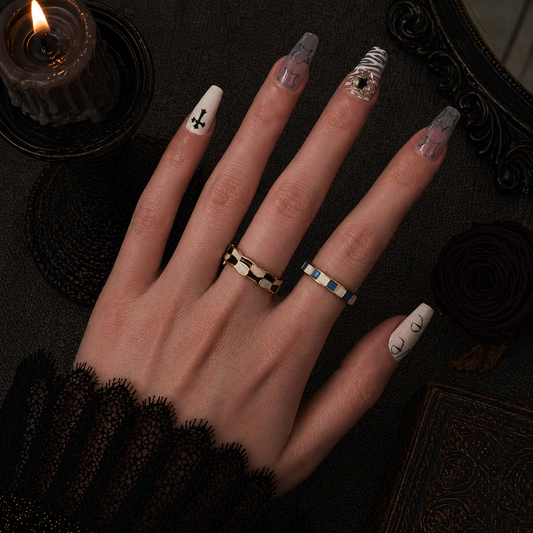 Checkerboard Enamel Band Ring worn on finger, dark moody background – Aslop Treasure