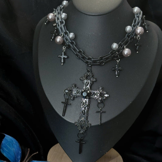 All-black gothic cross pearl necklace with chunky chain and ornate cathedral cross pendant - Aslop Treasure