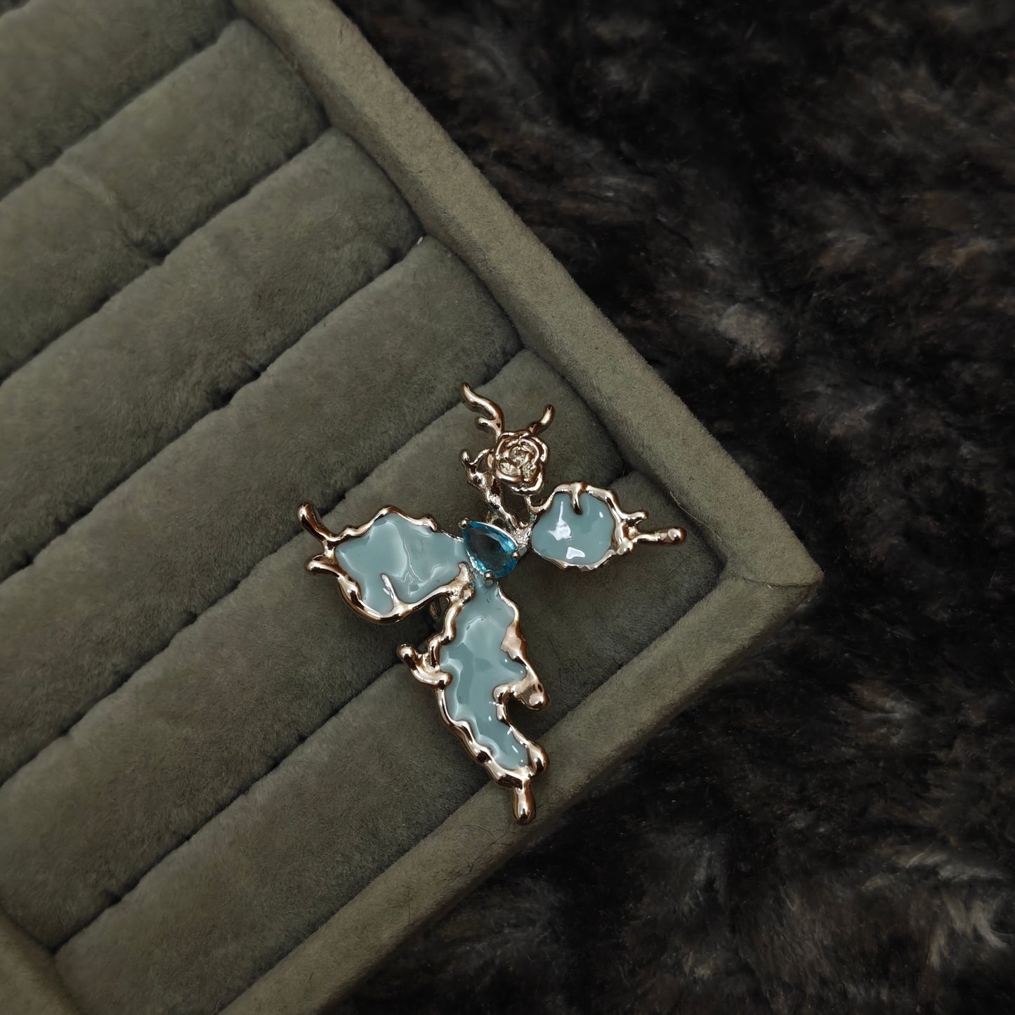 Individual fairycore ring shown alone on grey velvet, top-down close-up