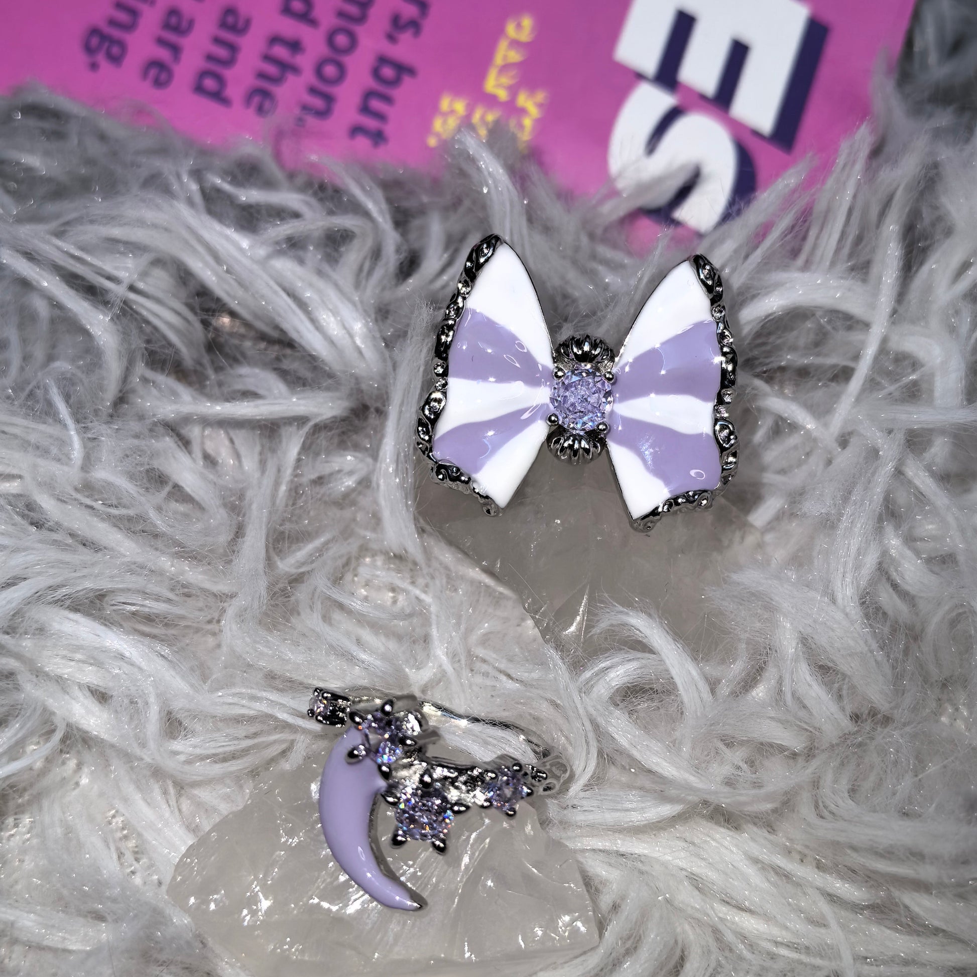 Butterfly & Moon Ring Set in open Aslop Jewelry white gift box, overhead flat view