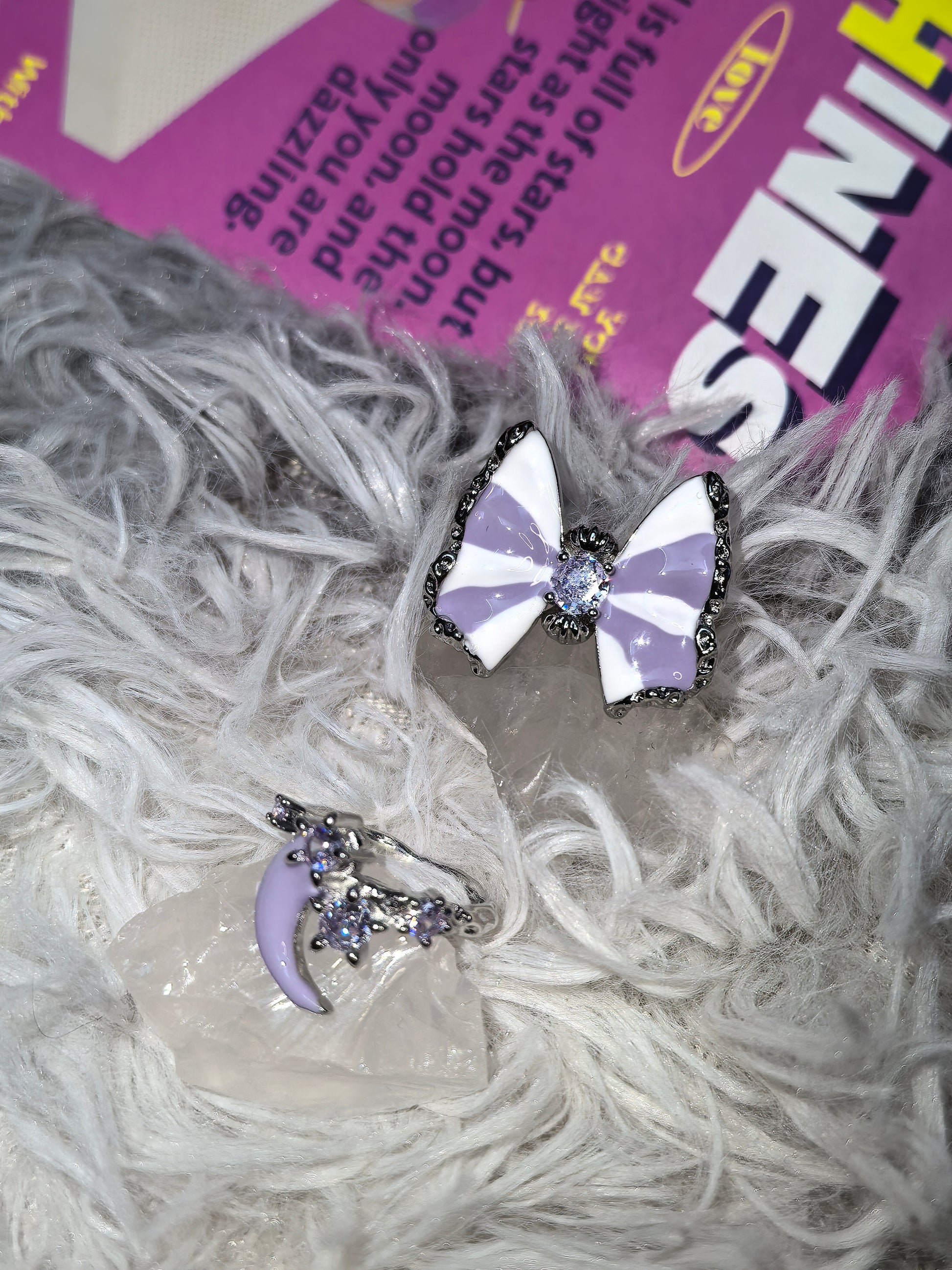 Butterfly & Moon Ring Set detail view 1, dark finish gothic dark aesthetic
