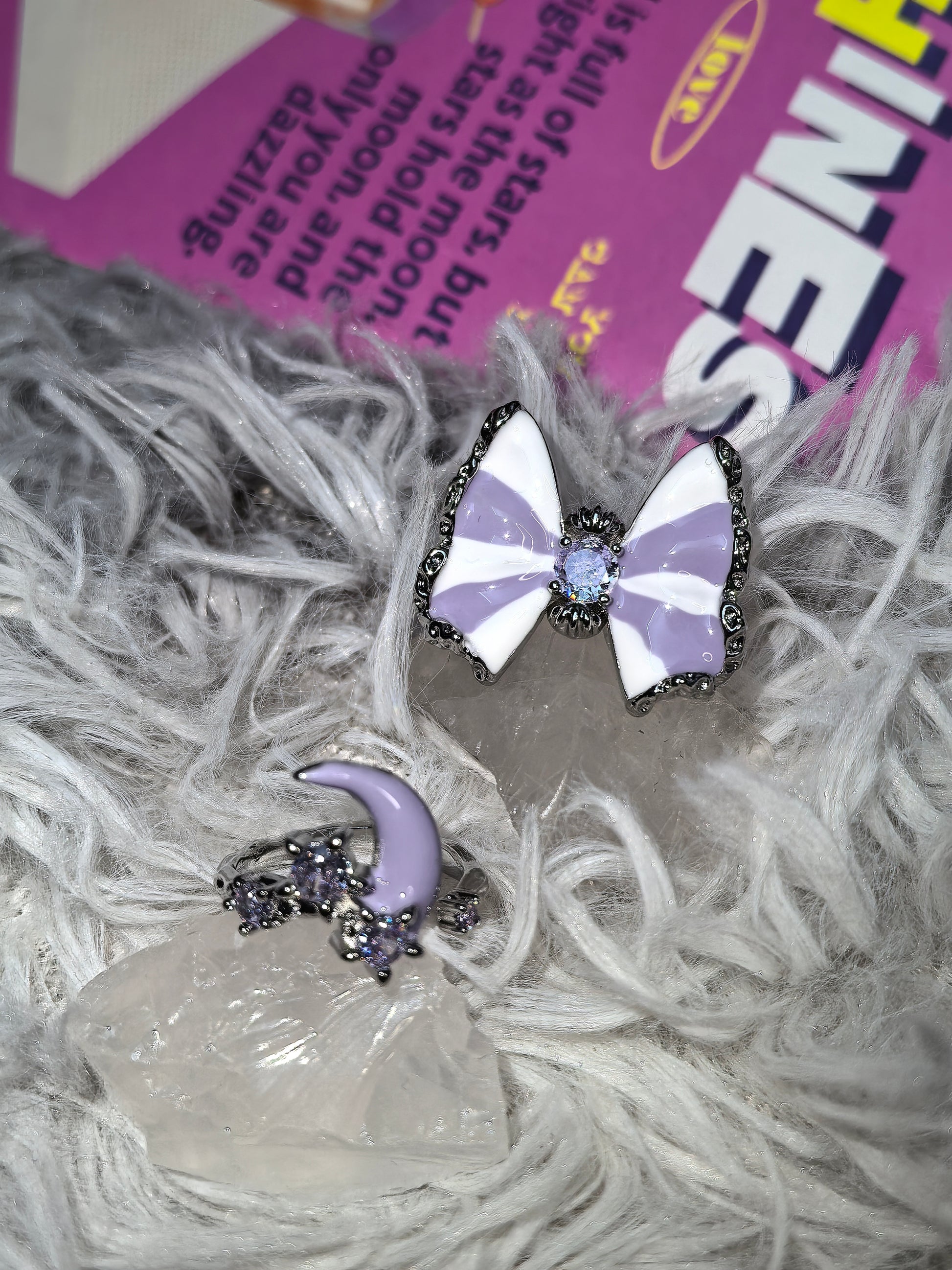 Butterfly & Moon Ring Set detail view 2, dark finish gothic dark aesthetic