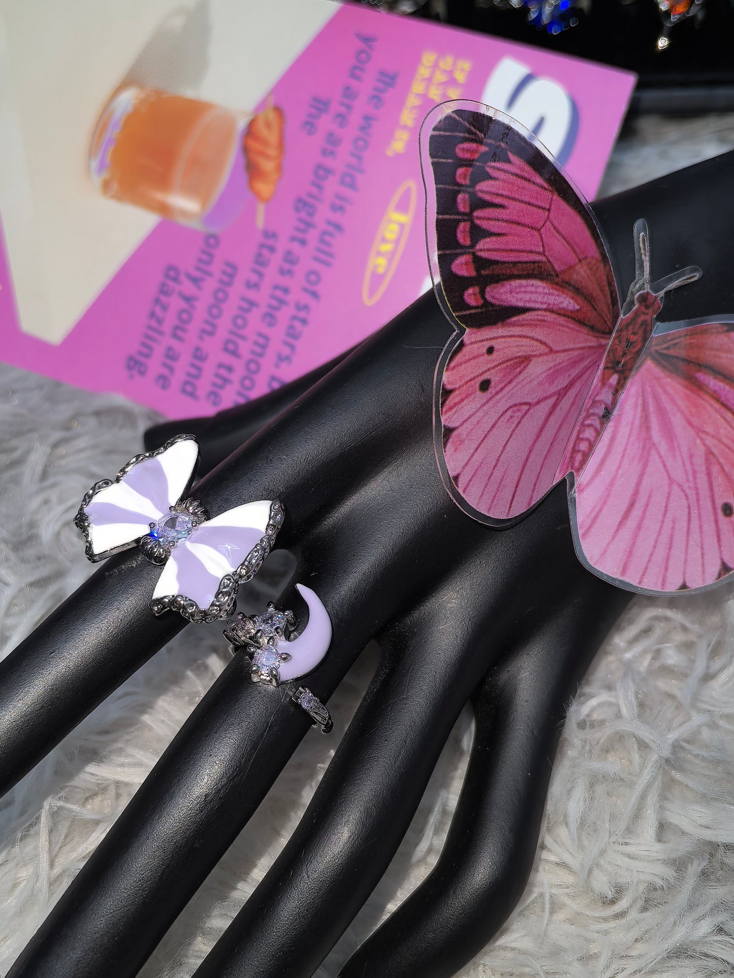 Butterfly & Moon Ring Set close-up detail view showing dark finish