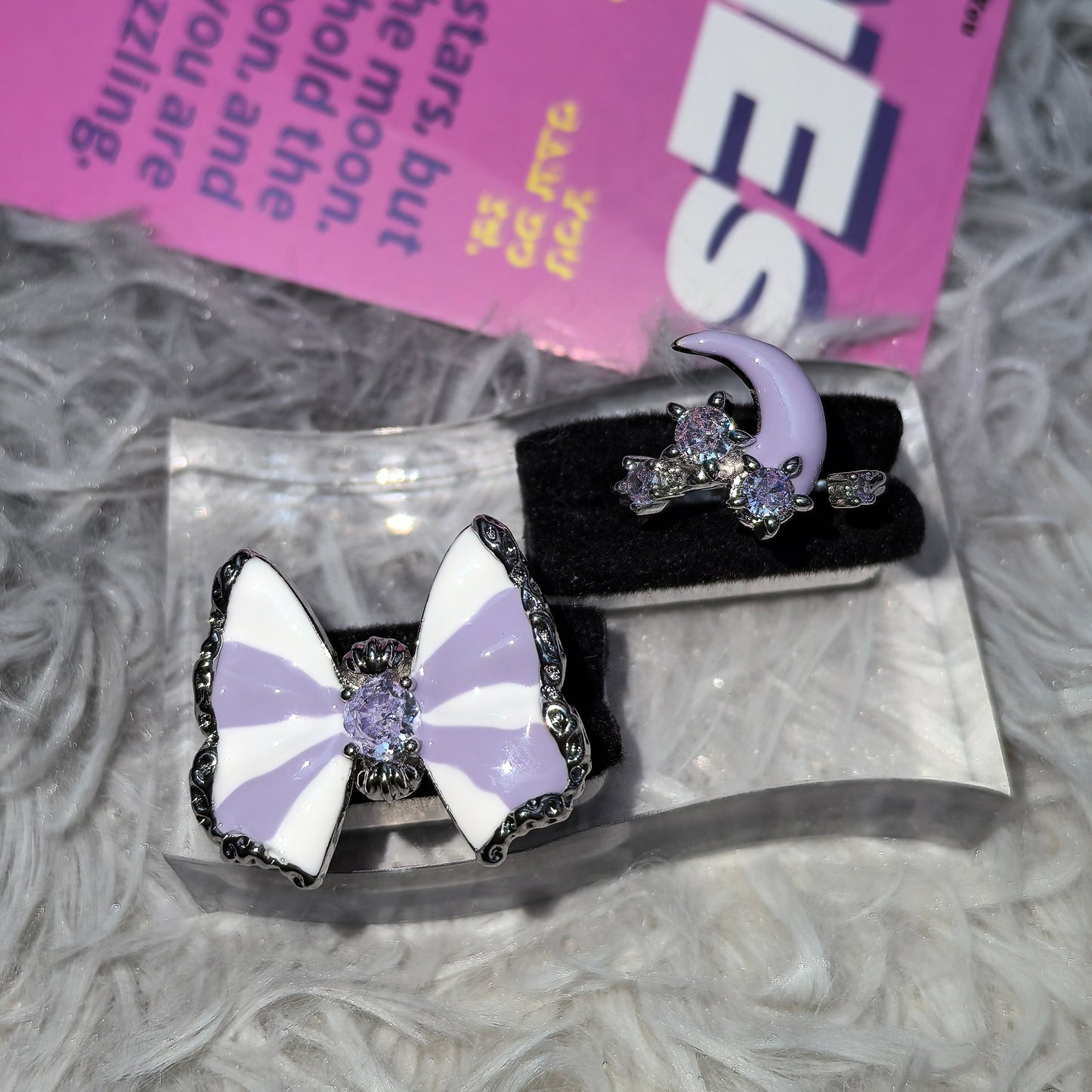 Butterfly & Moon Ring Set in open Aslop Jewelry white gift box, angled view