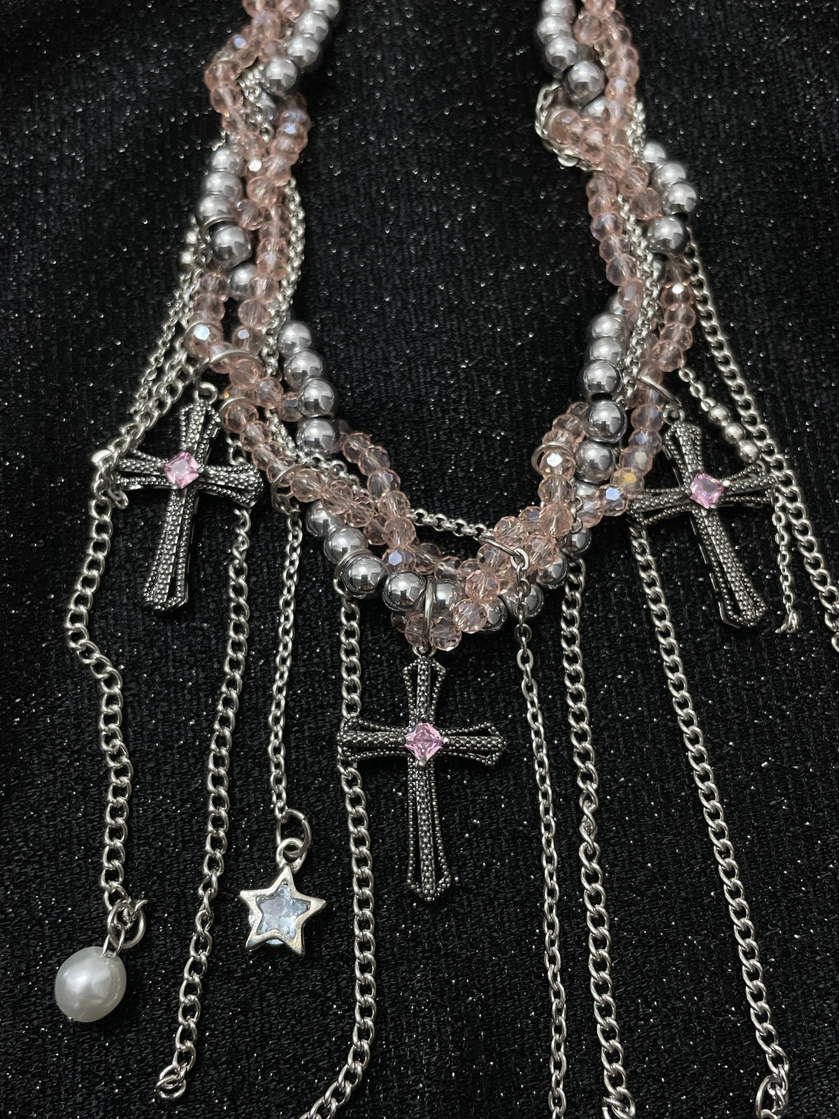 ASLOP TREASURE Rosé Tassel Choker – necklace product photo, cross and star charm detail