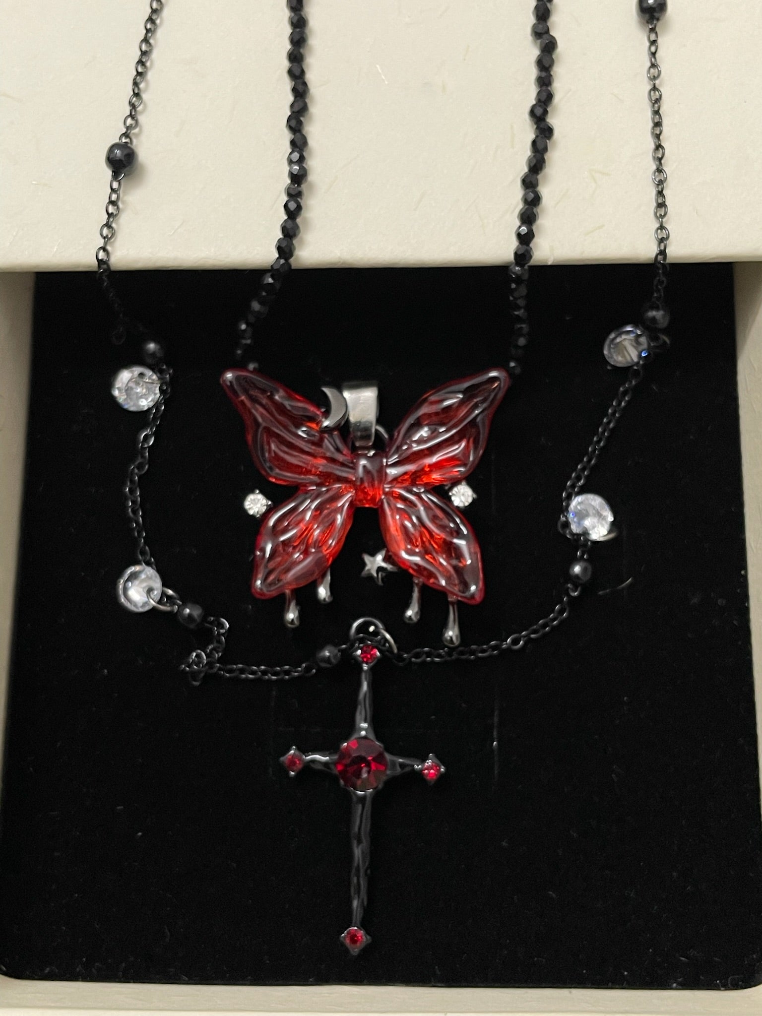 Blood Rose Butterfly & Gothic Cross Necklace detail view 2, dark finish gothic dark aesthetic
