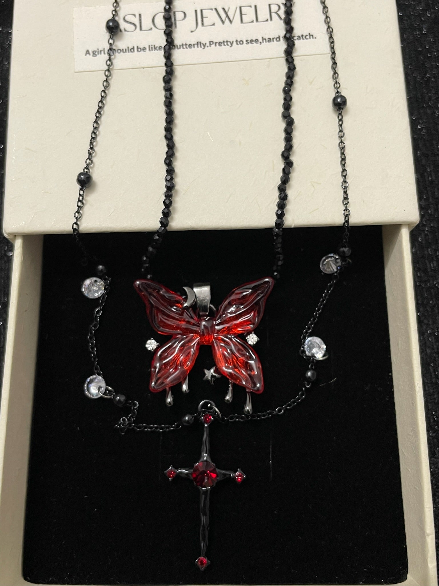 Blood Rose Butterfly & Gothic Cross Necklace detail view 1, dark finish gothic dark aesthetic
