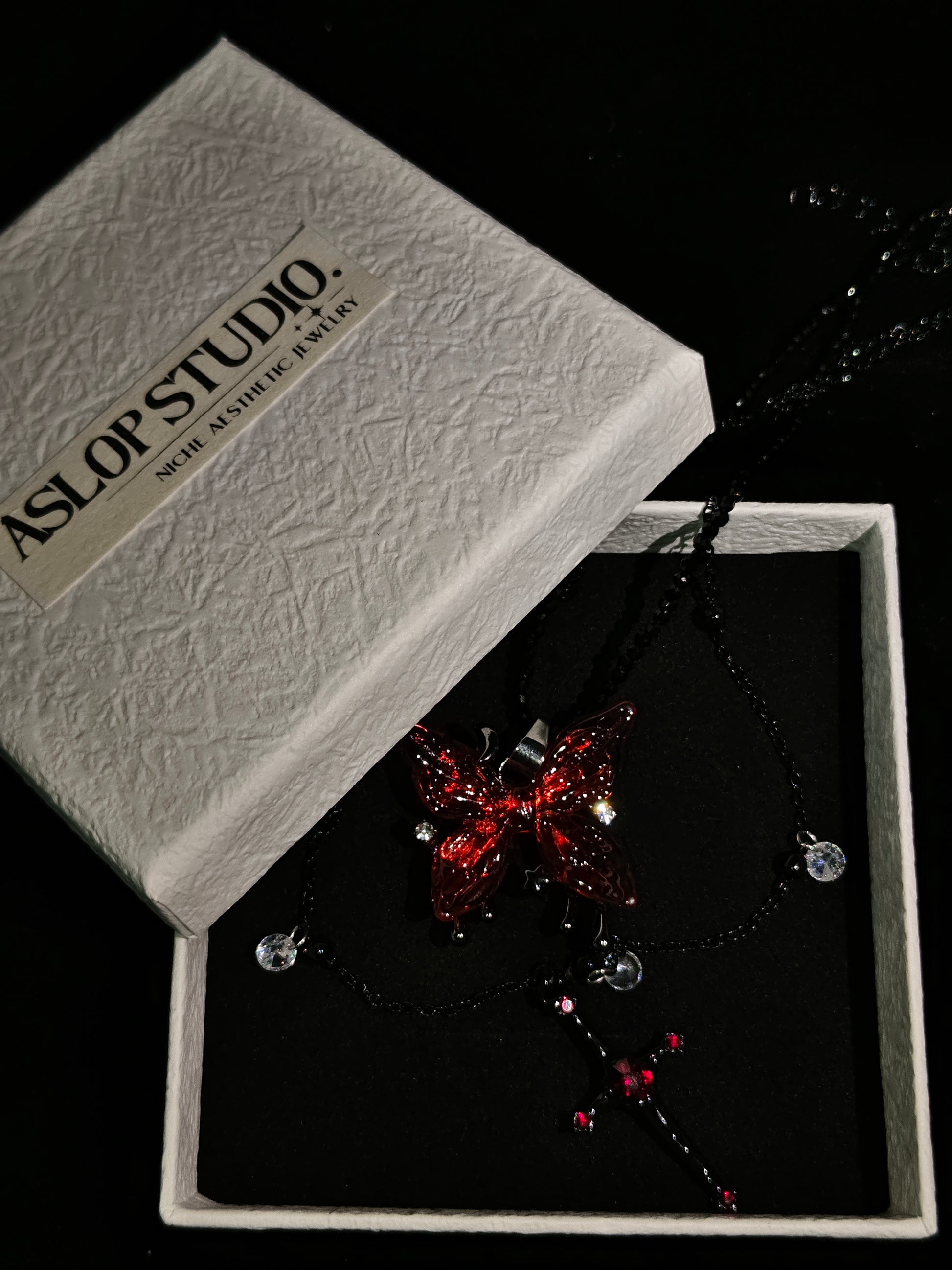 Blood Rose Butterfly & Gothic Cross Necklace detail view 3, dark finish gothic dark aesthetic