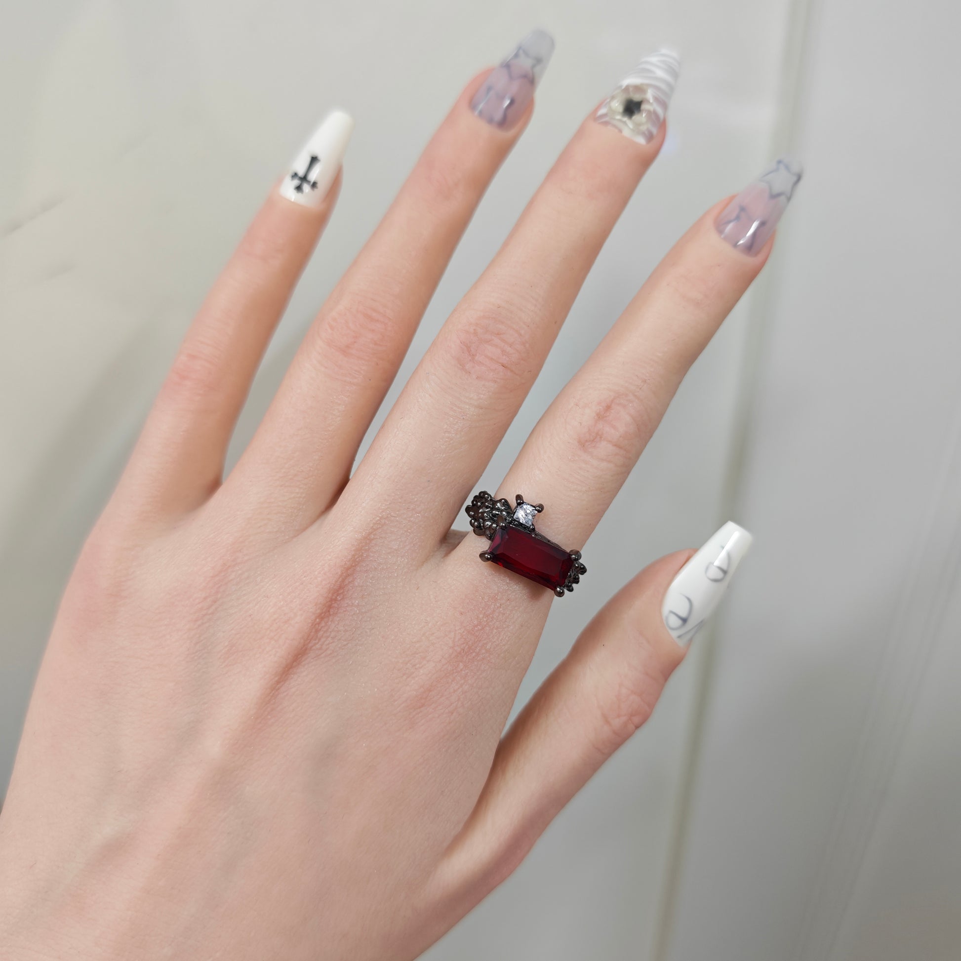 Gothic Red Ring detail view 1, dark red finish gothic dark aesthetic