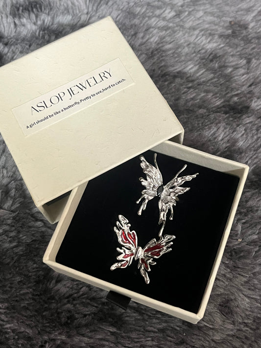 Melted wing butterfly rings in ASLOP TREASURE gift box - silver with black stone and red enamel gothic statement rings