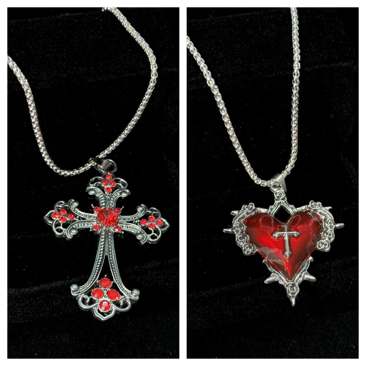 Two silver-tone chain necklaces with ornate filigree cross pendant and spiked sacred heart with cross detail
