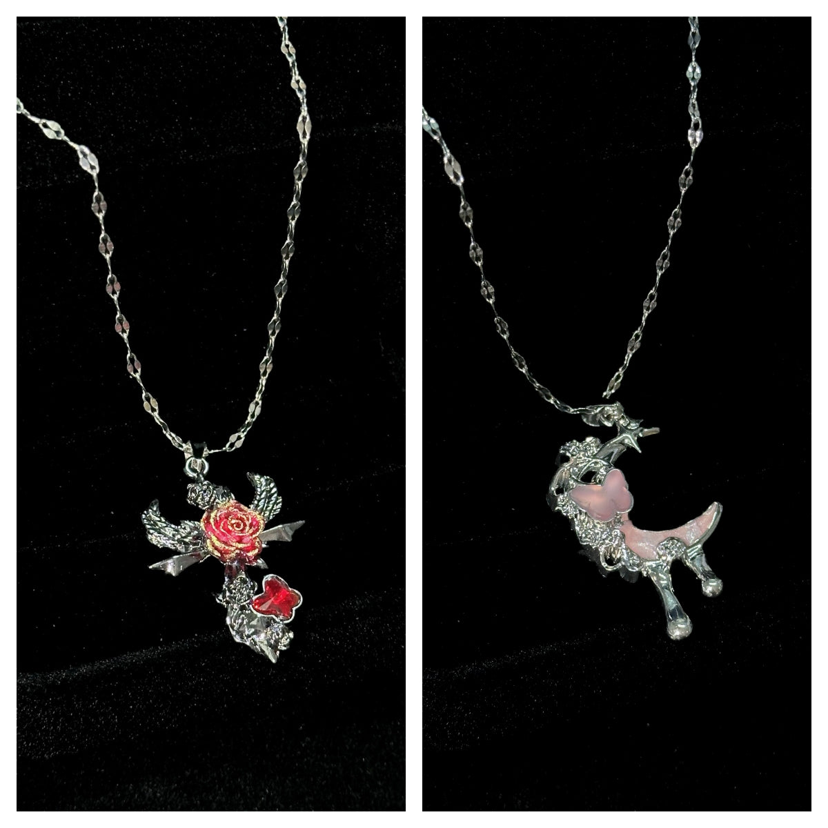 Two delicate silver-tone chain necklaces with angel wing rose butterfly pendant and pink crescent moon pendant