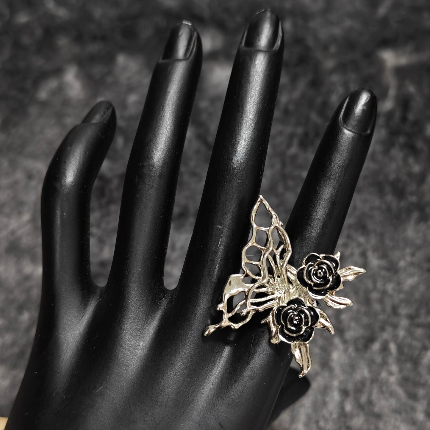 butterfly rose ring black gothic dark style
