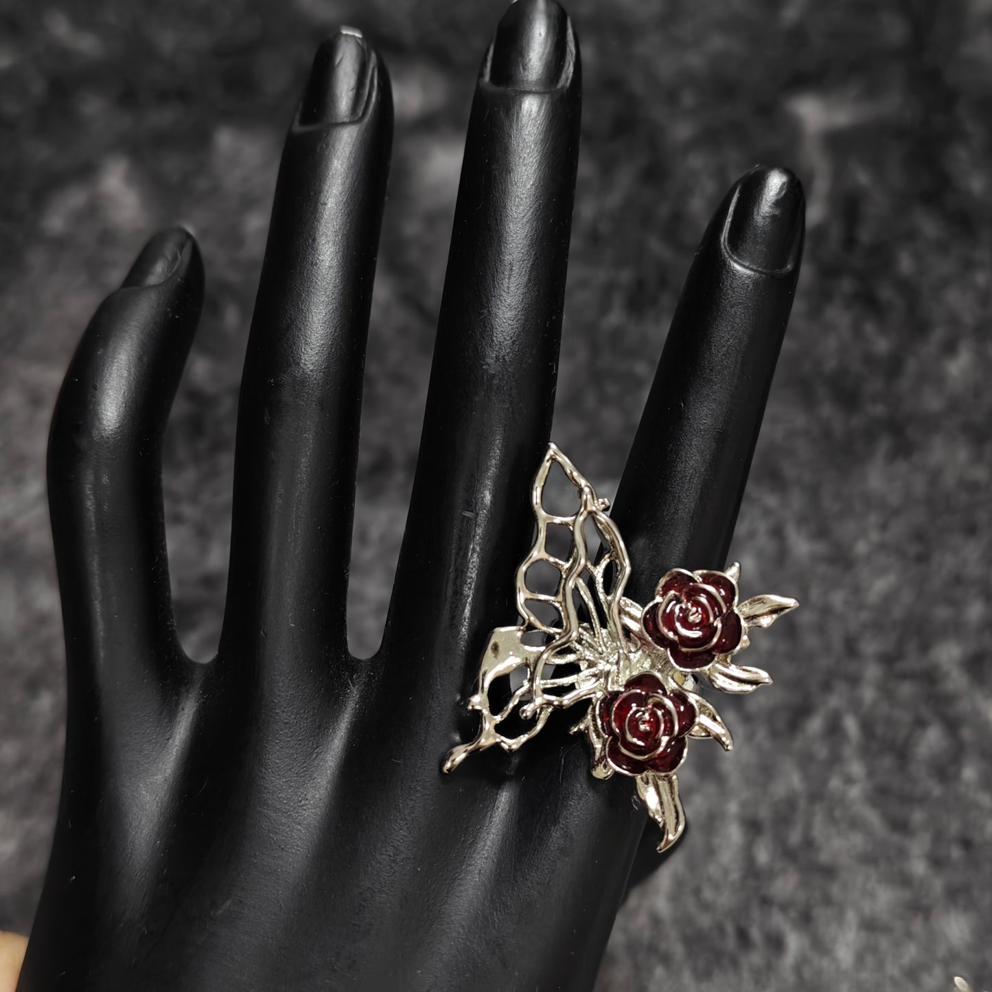 butterfly rose ring red alternative jewelry