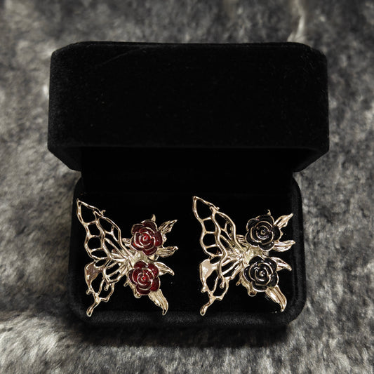 silver butterfly rose ring set red black