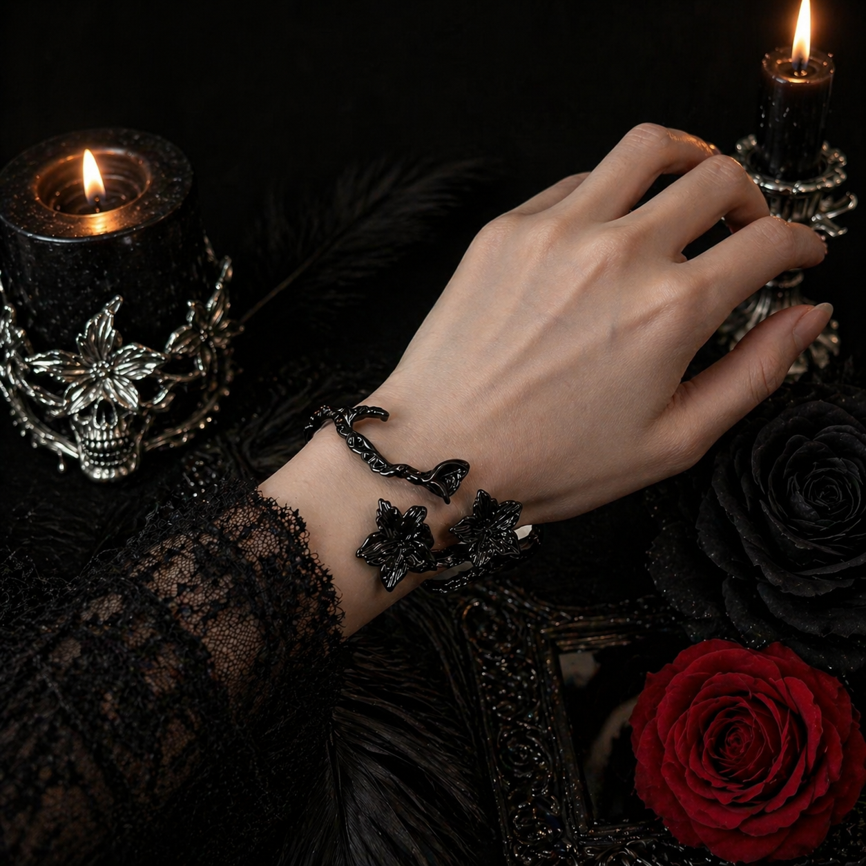 black-datura-flower-cuff-bracelet-top.jpg — Black datura flower branch open cuff bracelet top vi