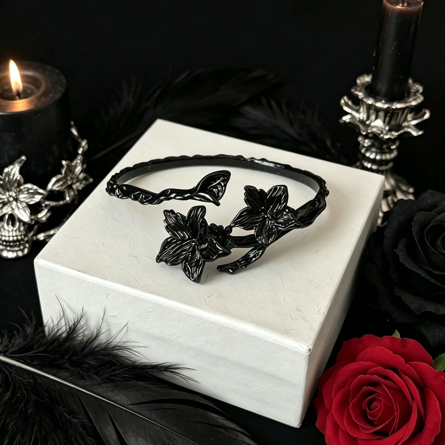 black-datura-flower-cuff-bracelet-detail.jpg — Black sculptural datura flower bracelet close-up detail