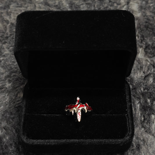 Silver flaming cross pinky ring dark aesthetic