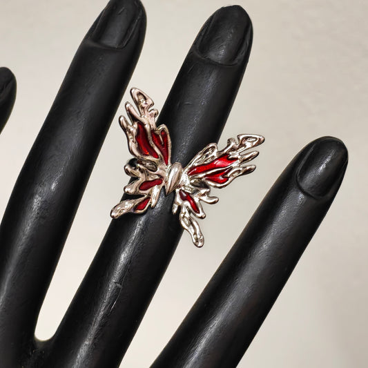 Adjustable gothic red enamel butterfly ring in silver