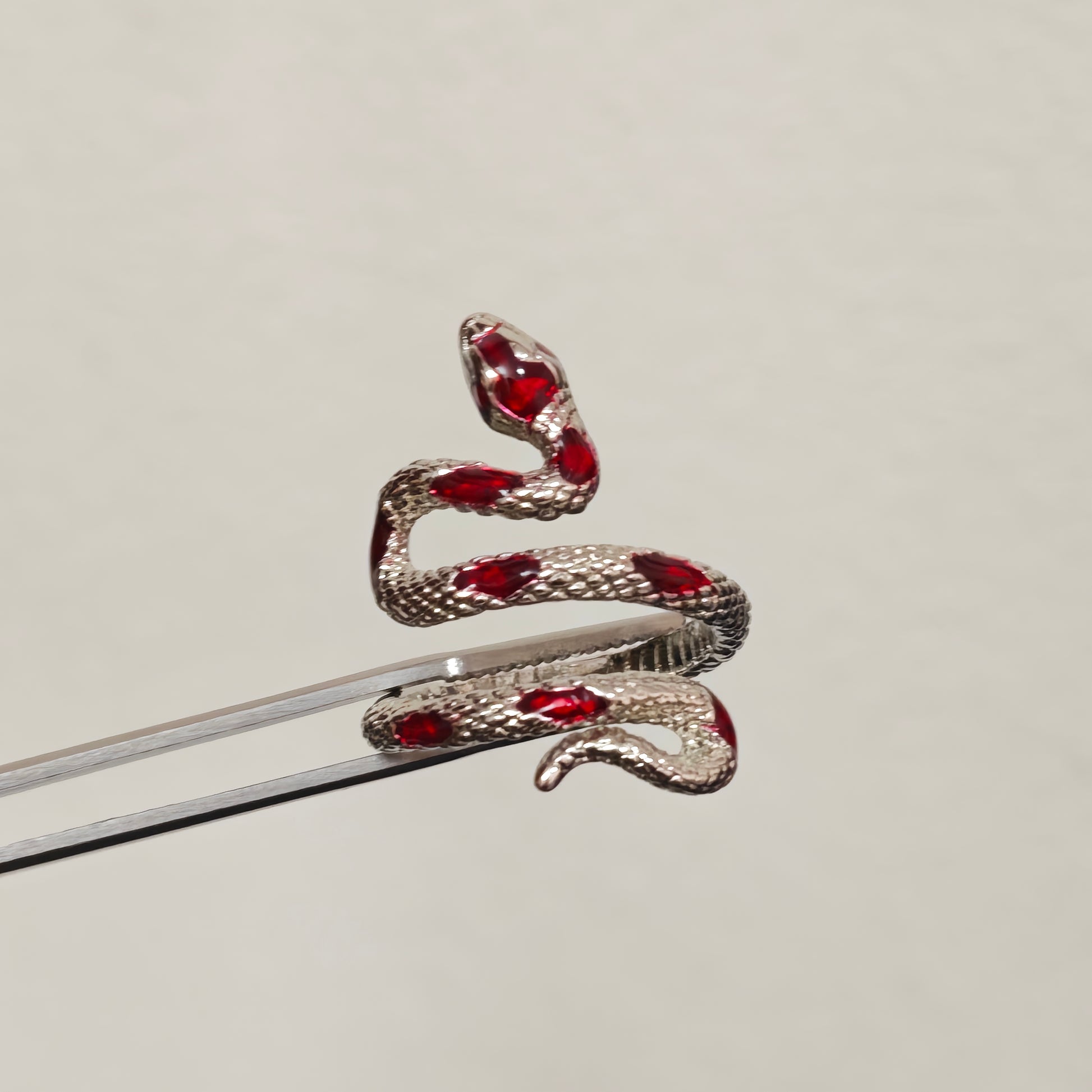 Red enamel snake ring full view