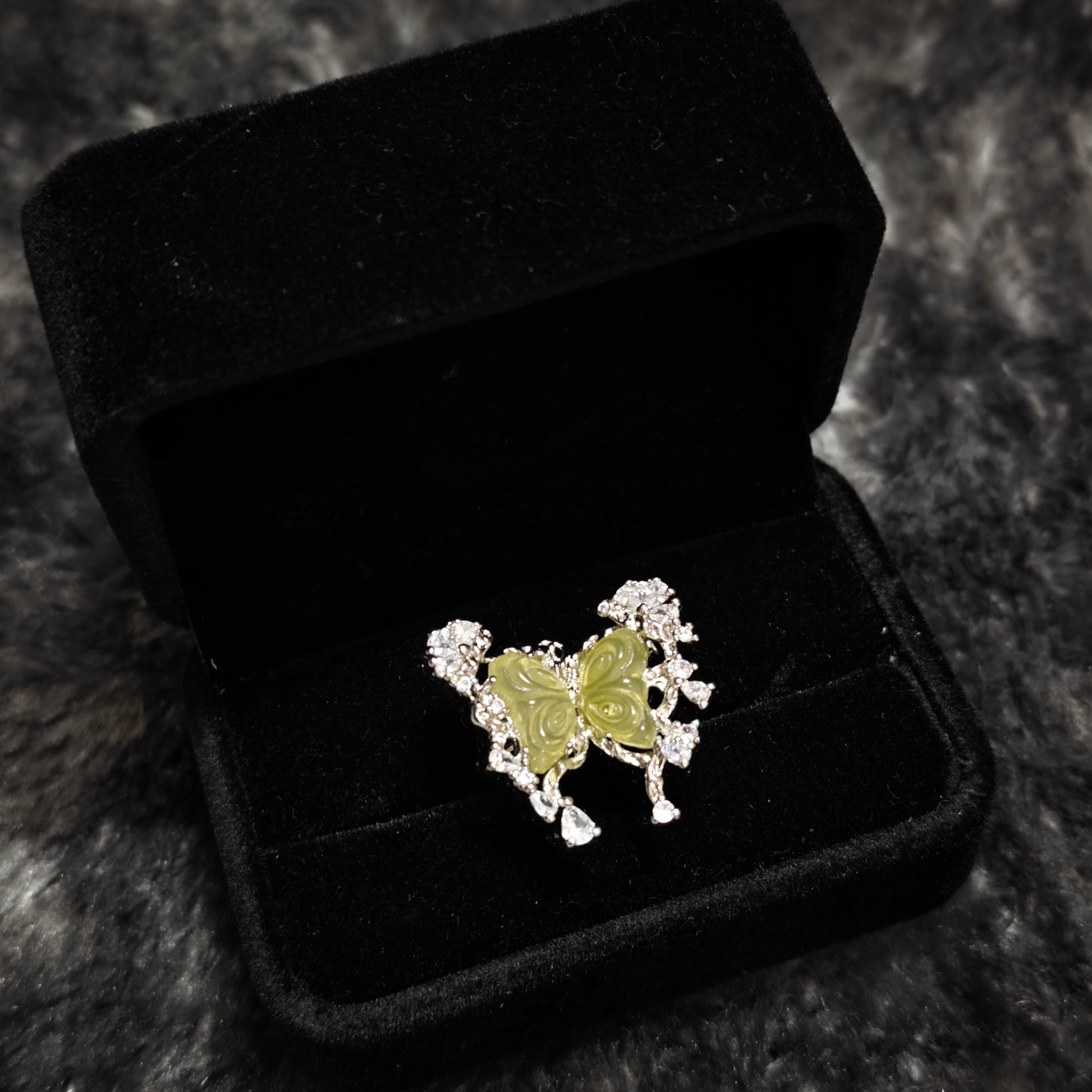 Silver green butterfly ring full view