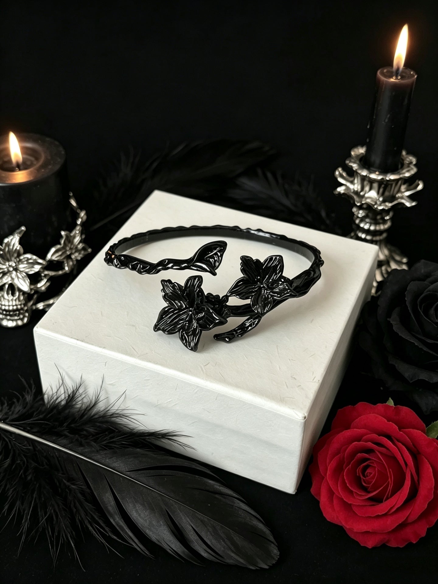 ASLOP TREASURE Gothic Black Mandala Flower Cuff Bracelet – product photo