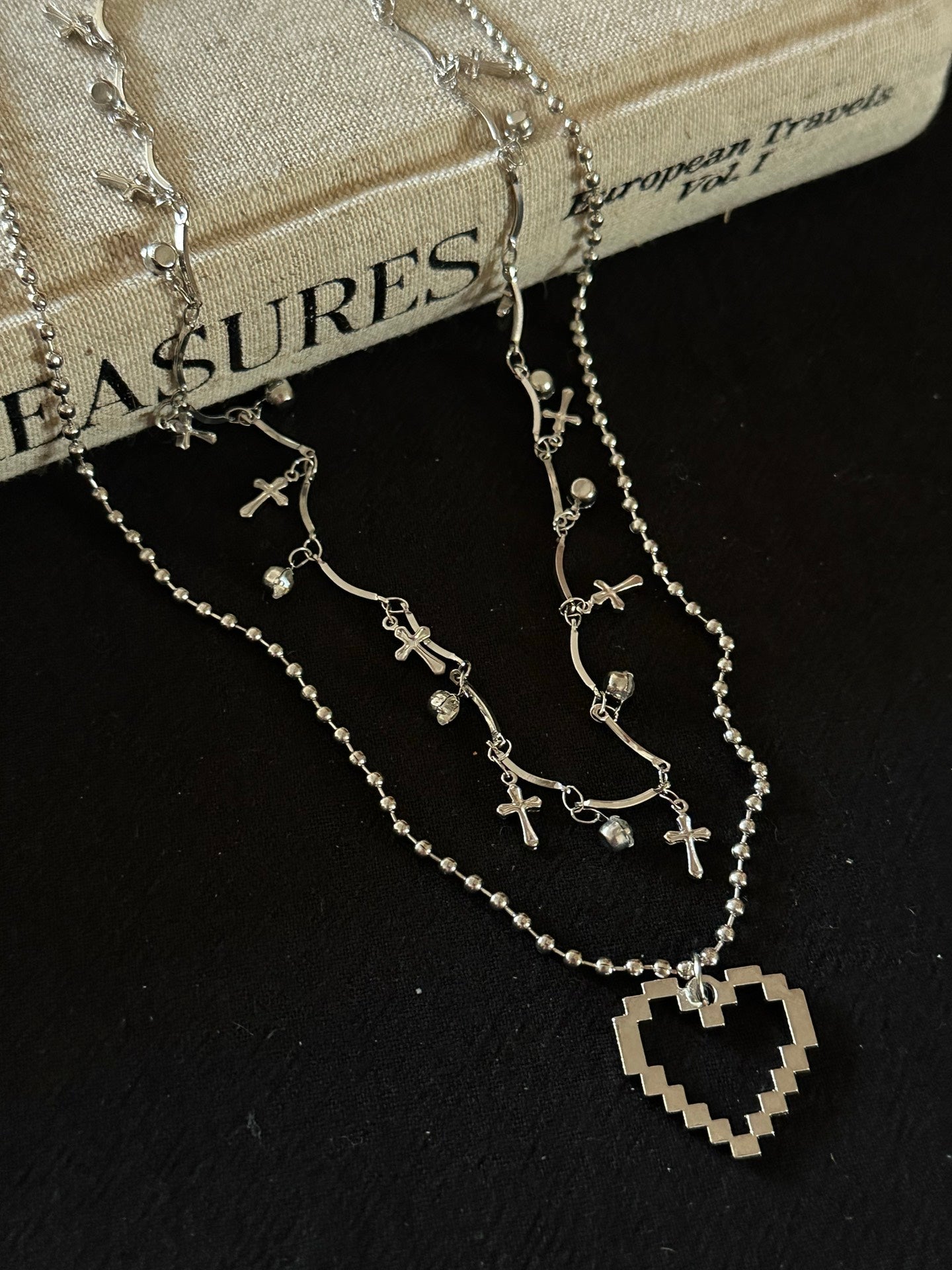 ASLOP TREASURE Layered Cross & Pixel Heart Necklace – necklace product photo