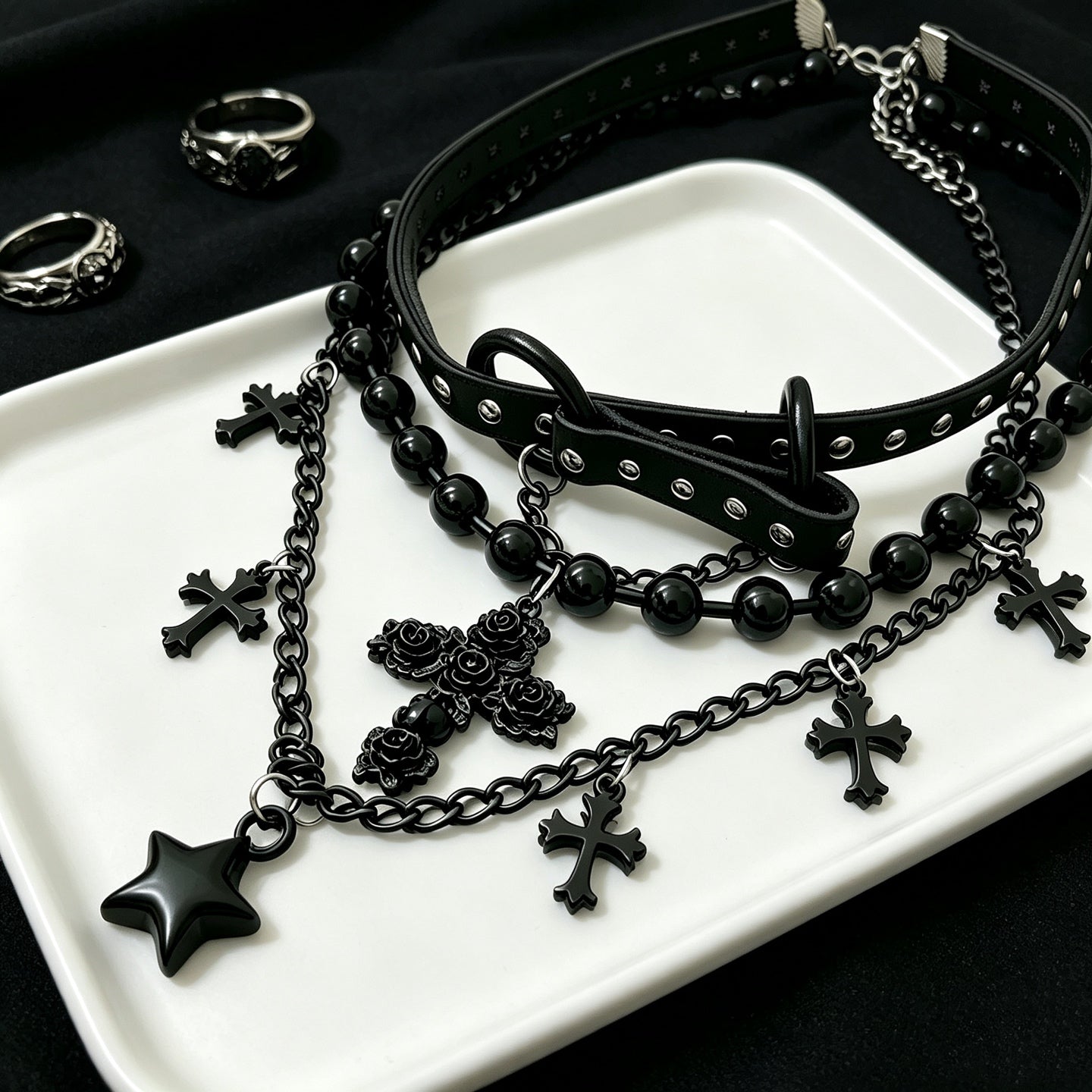 ASLOP TREASURE Gothic Studded Cross Necklace Set – product photo