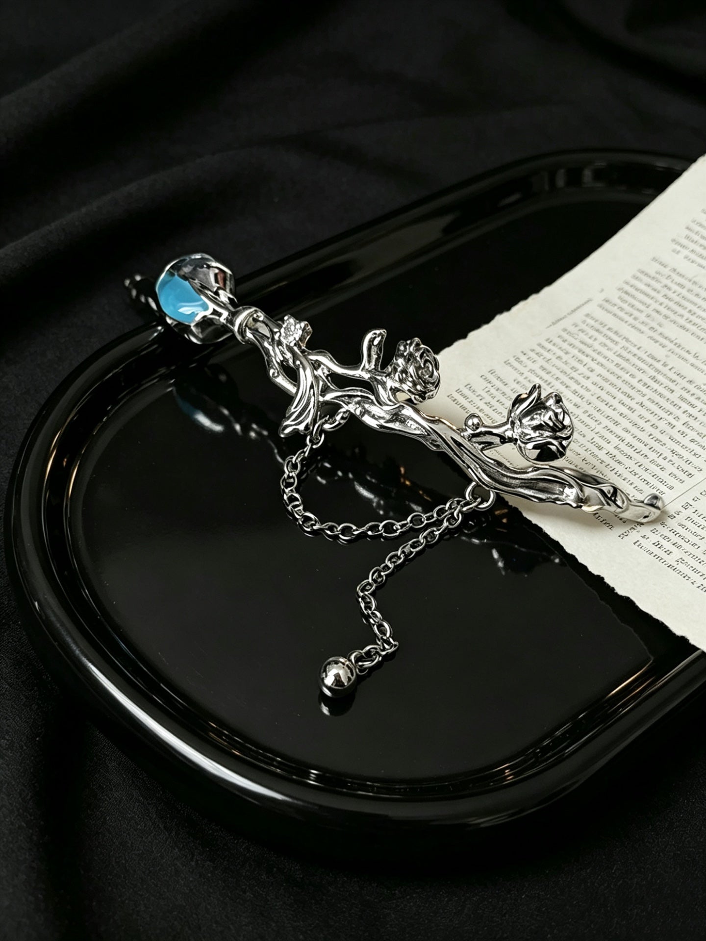 ASLOP TREASURE Thorn Rose Cuff Bracelet with Blue Enamel Drop – detail photo 4