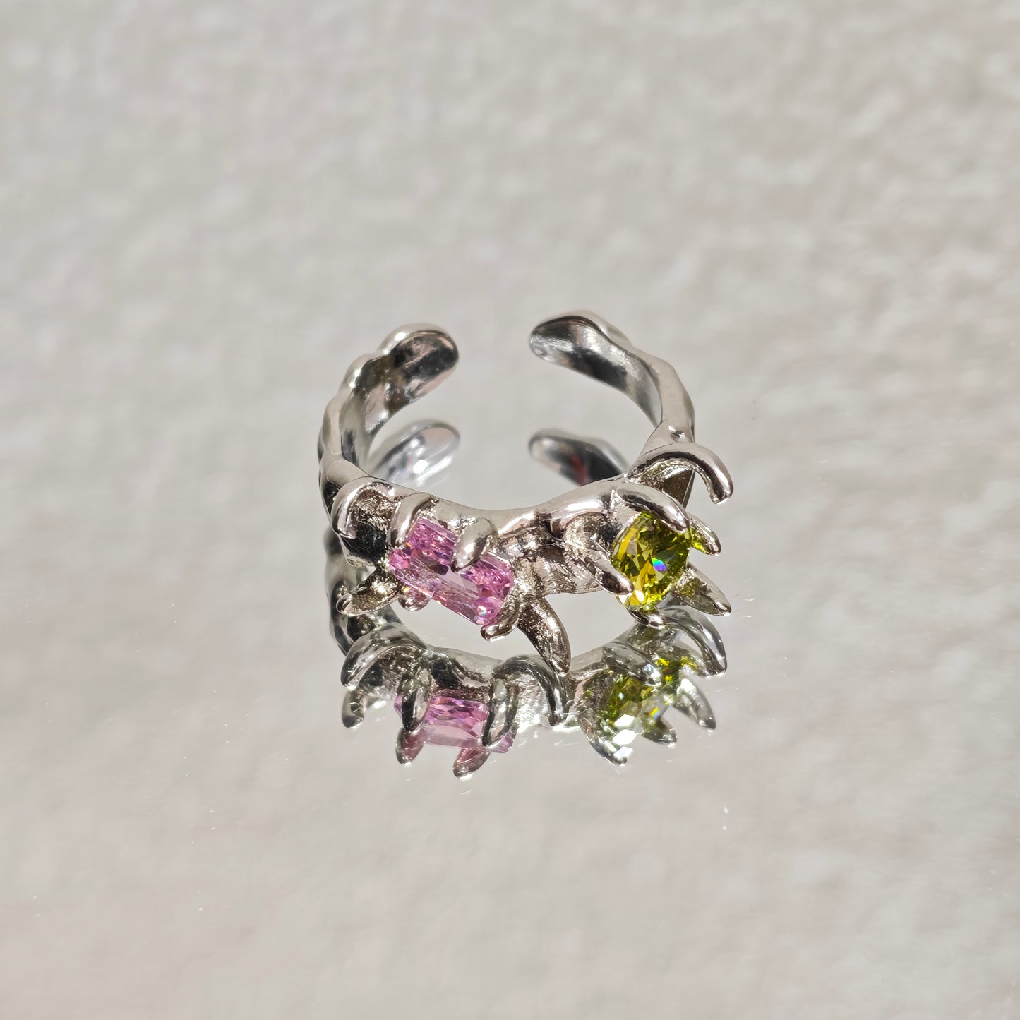 pink green crystal ring silver adjustable