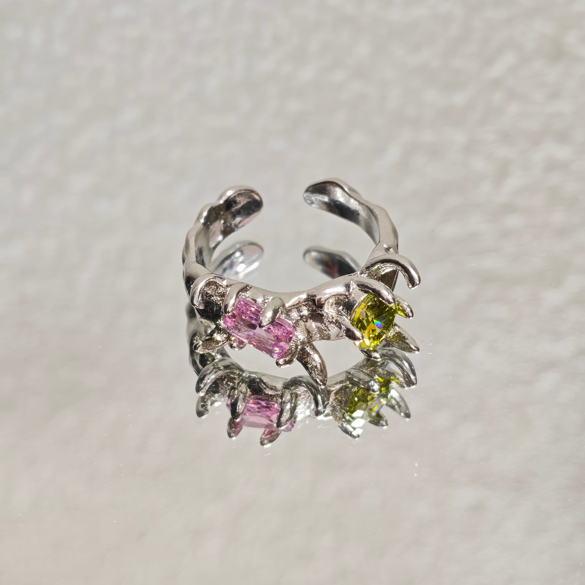 pink green crystal ring silver adjustable