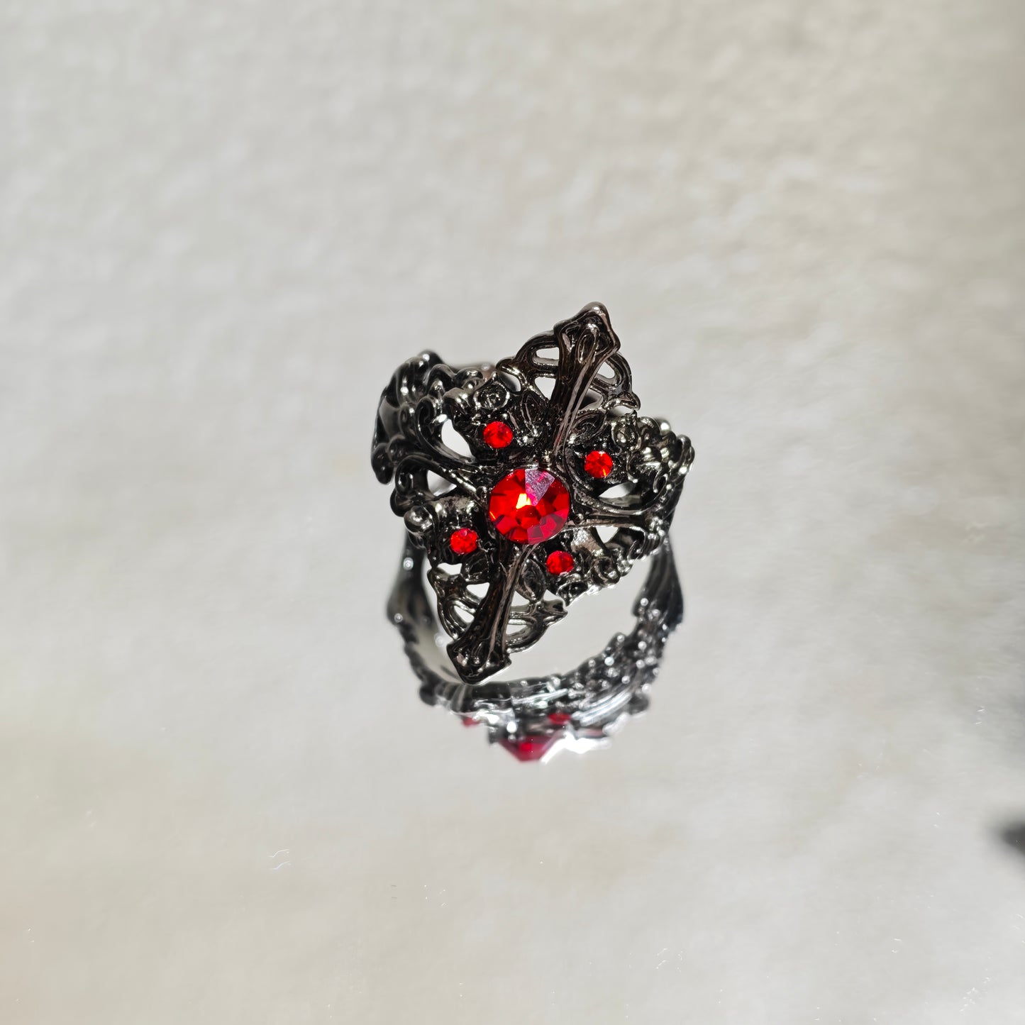 red crystal cross ring gothic dark jewelry