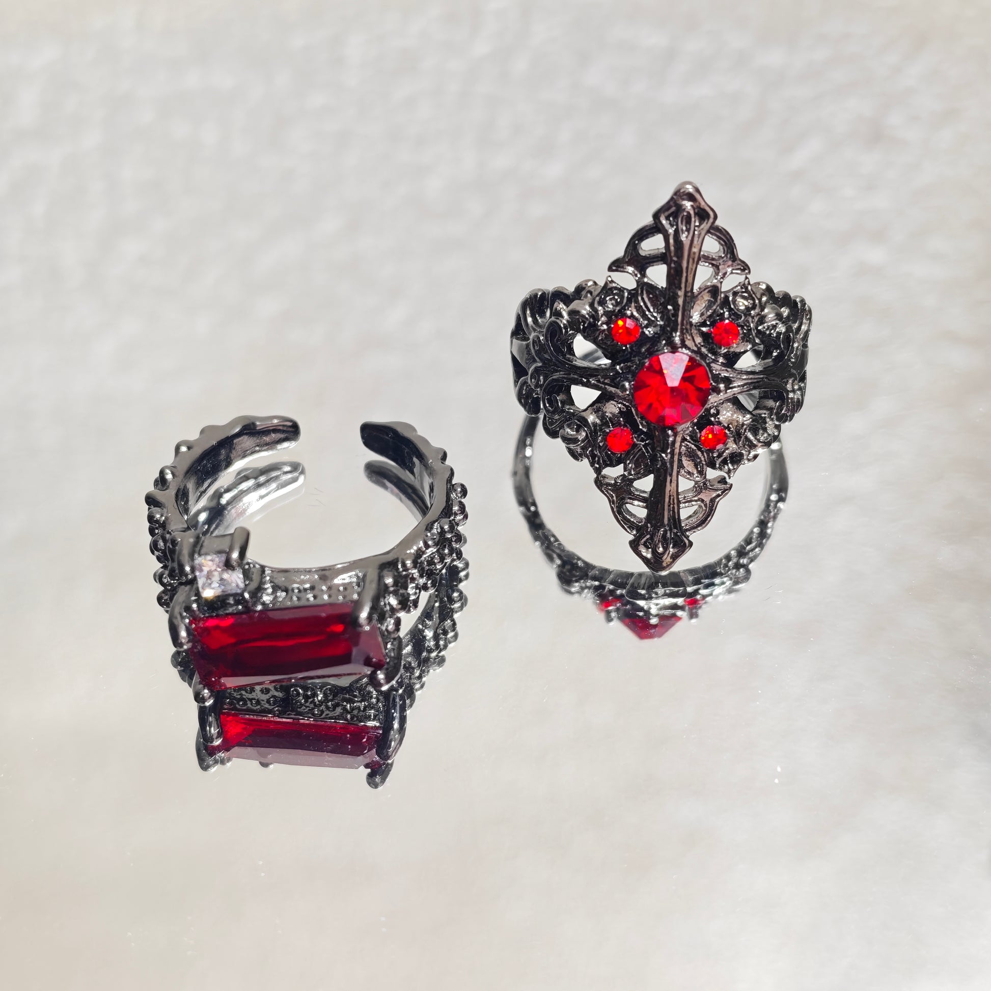 red crystal gothic rings silver dark aesthetic